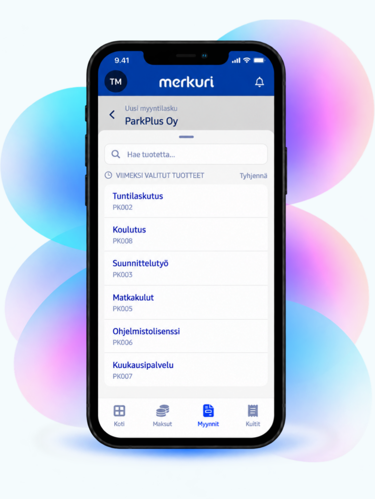 Tuotteen hakeminen ja valitseminen myyntilaskulle Merkurin mobiilisovelluksessa.
