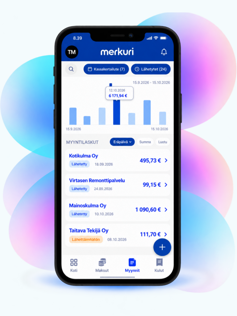 Merkurin mobiilisovelluksen maksunäkymä, jossa näkyvät tulevat maksut, niiden yhteissumma ja kuukausittainen erittely.
