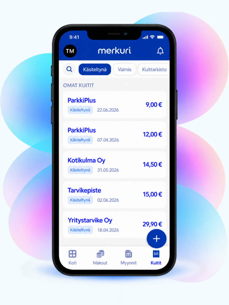 Merkurin mobiilisovelluksen Kuitit-näkymä, jossa yrittäjä voi tarkastella ja hallita yrityksen kuitteja puhelimella.