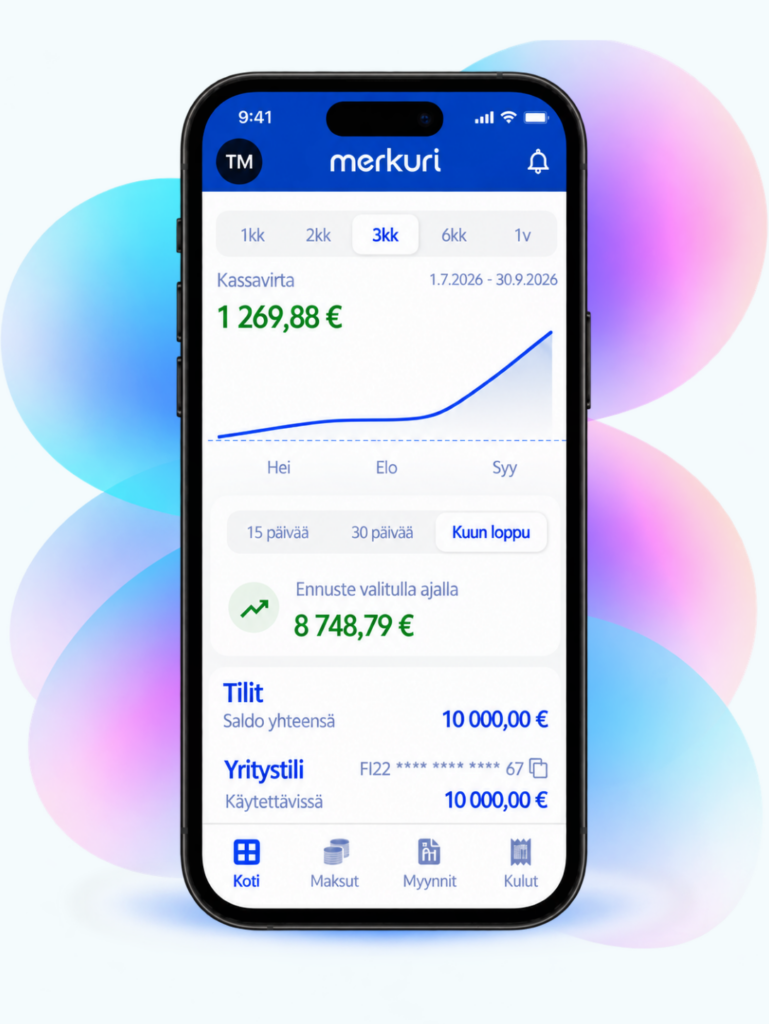 Merkurin mobiilisovelluksen etusivu, jossa näkyvät yrityksen kassavirtaennuste, pankkitilin saldo ja tilitiedot.