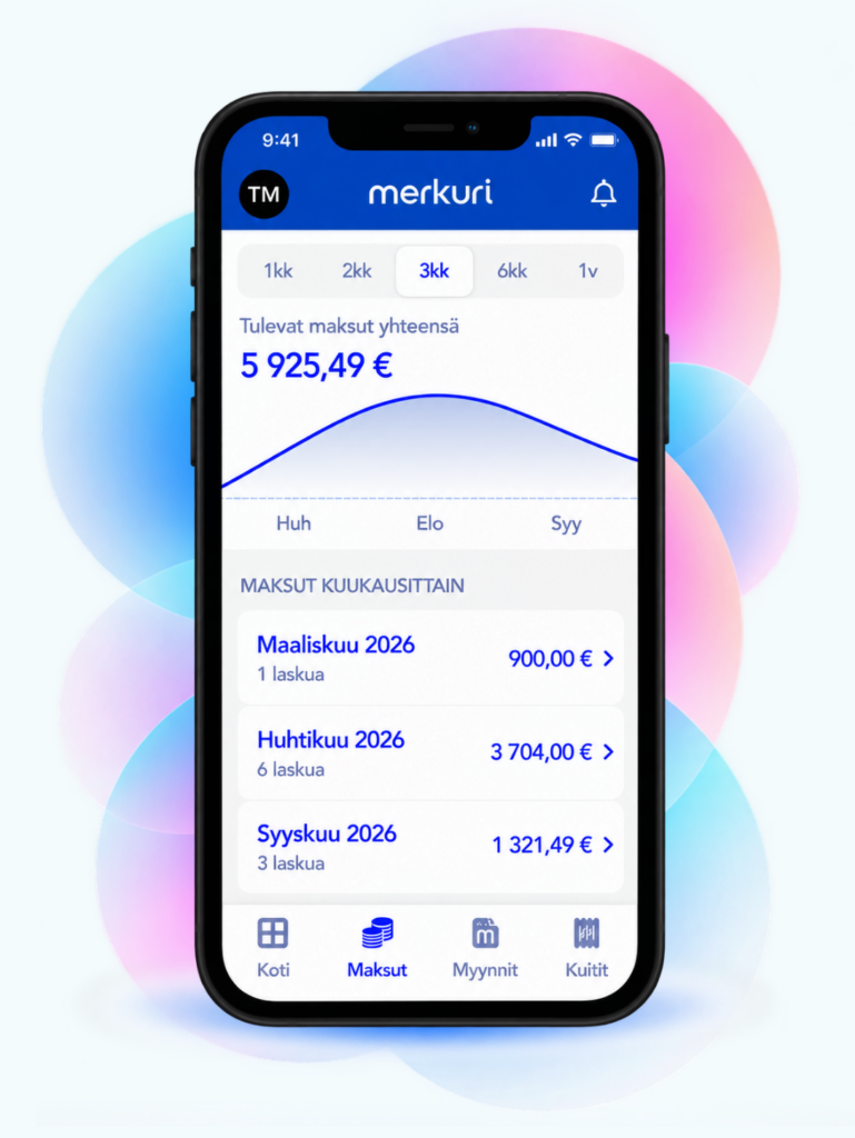 Merkurin mobiilisovelluksen maksunäkymä, jossa näkyvät tulevat maksut, niiden yhteissumma ja kuukausittainen erittely.