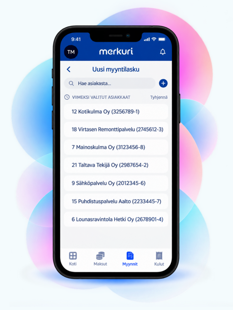 Asiakkaan hakeminen ja valitseminen uudelle myyntilaskulle Merkurin mobiilisovelluksessa.
